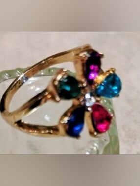Gold Plated Flower Multistone Ring in Blue, Teal, Purple ,Pink and WhiteCrystals
